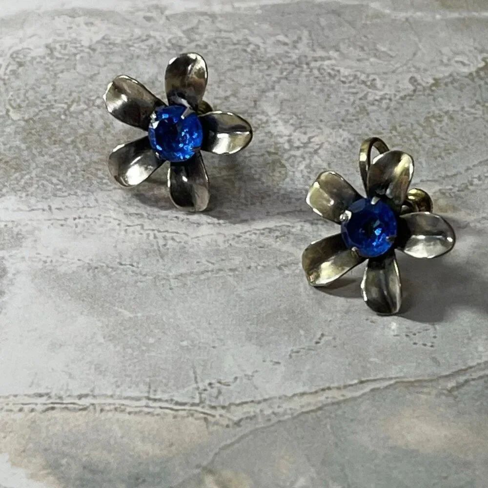 VTG Sterling silver blue cut glass flower screwback earrings.